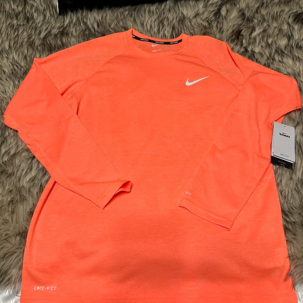 Nike Swim Mens Bright Orange Mango Dri-Fit UPF 40+ Long Sleeve Gym Shirt Med - Picture 2 of 9